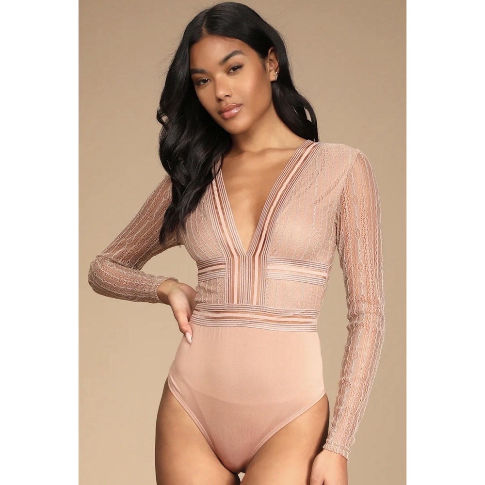 Lulus Casita Beige Sheer Lace Long Sleeve Bodysuit Small Plunge V-Neck Bodycon